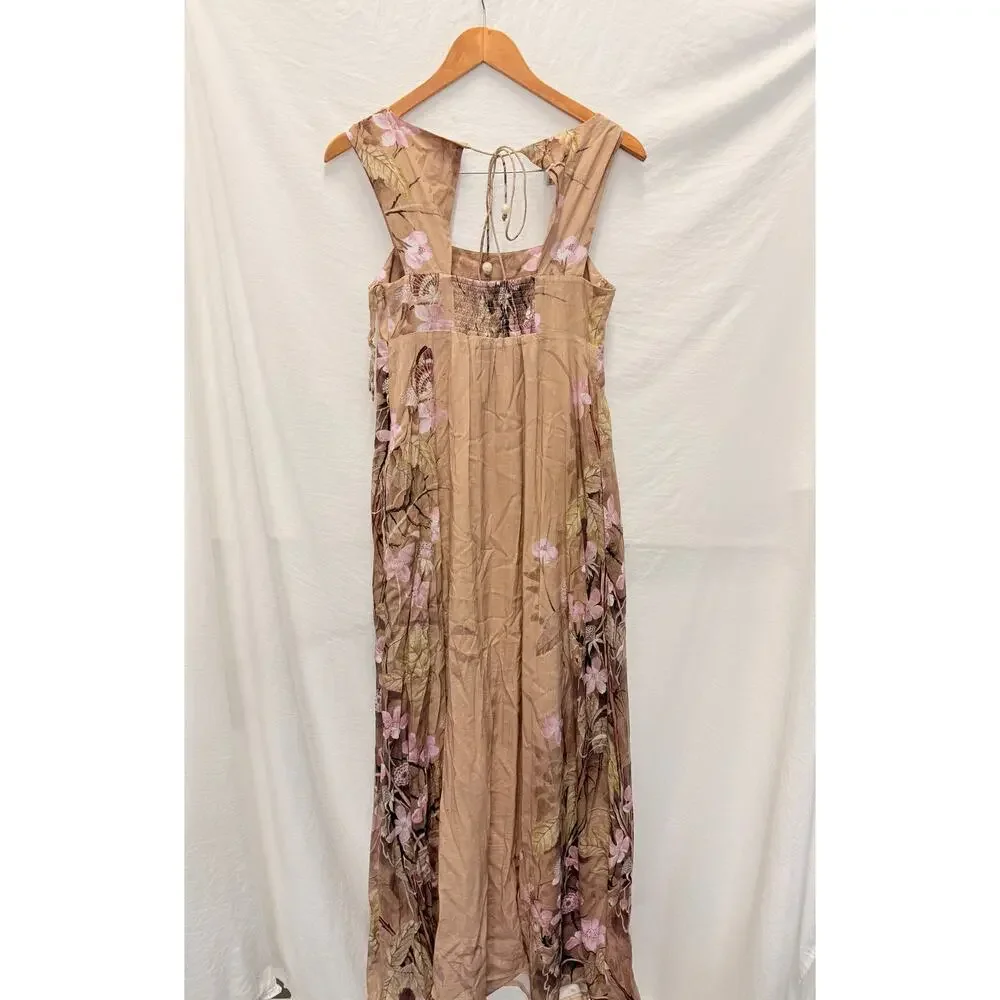 Anthropologie Aurelie Maxi Dress Brown Lightweight Butterfly US‎ 2 Boho Fall
